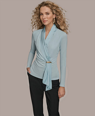 Women's Long-Sleeve Faux Wrap Knit Top | Macy's