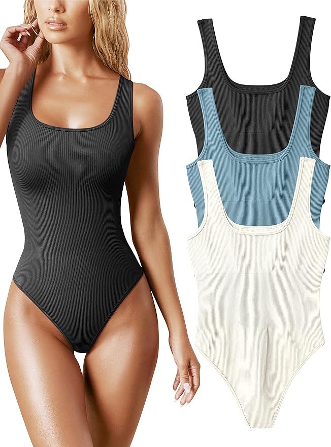 OQQ Women's 3 Piece Bodysuits Sexy Ribbed Sleeveless Square Neck Sleeveless Tank Tops Bodysuits | Amazon (US)