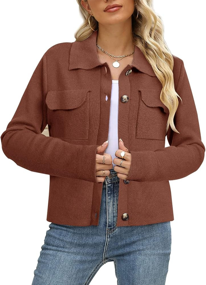 BZB Women Long Sleeve Sweater Cardigan Collared Button Up Open Front Cropped Knit Jackets with Po... | Amazon (US)
