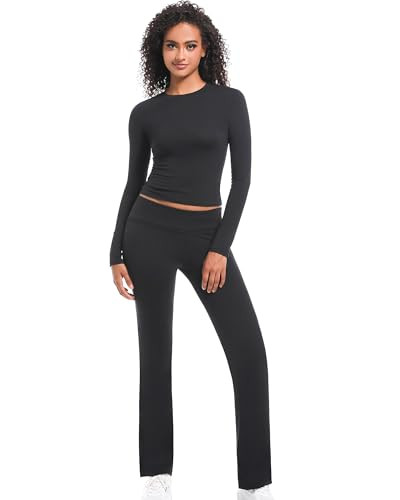 LUXURY-VITA Women's Long Sleeve Lounge Sets Casual Cropped Tops Fold Over Flare Pants Fitted Lounge Set Y2K Outfits Loungewear Pajamas Set | Amazon (US)