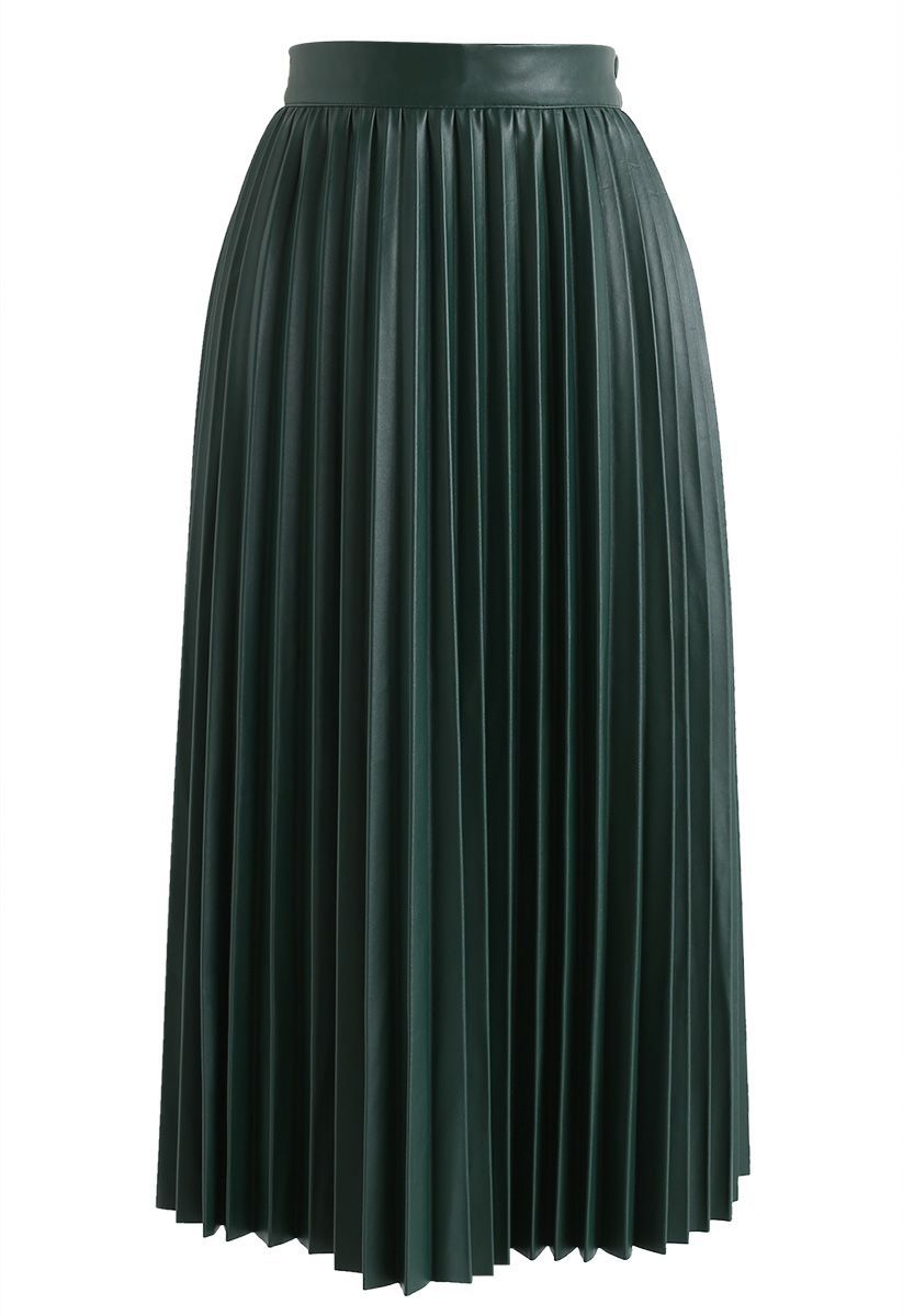 Faddish Gloss Pleated Faux Leather A-Line Skirt in Dark Green | Chicwish