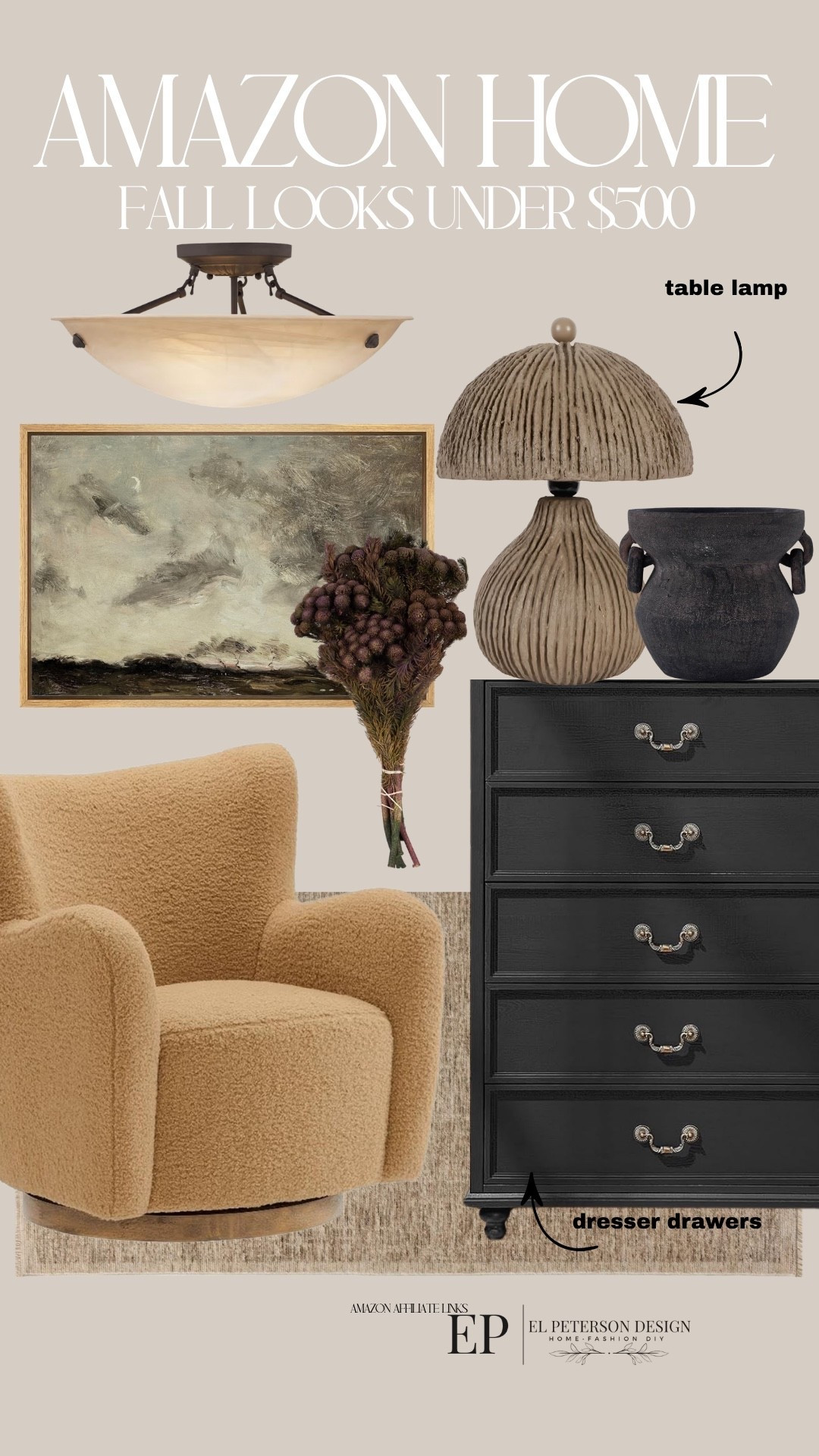 Amazon
Dresser drawers
Rug
Accent Chair
Faux stems
Table lamp
Flush mount light
Vase
Artwork

#LTKHome