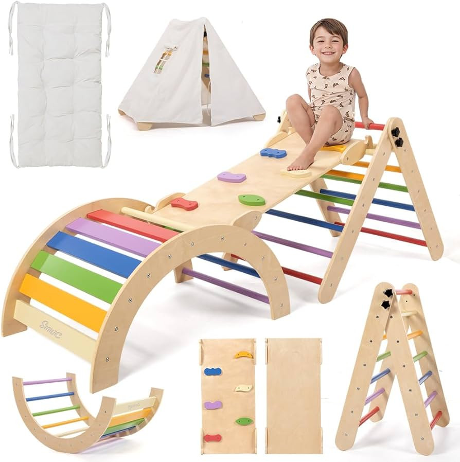 Pikler Triangle Set with Cushion, 8-in-1 Toddler Climbing Toys Indoor, Wooden Montessori Climbing... | Amazon (US)