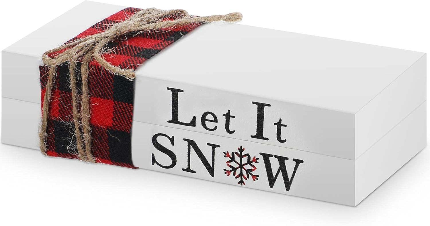 2 Pieces Christmas Wooden Book Stack Wood Book Decor Rustic White Book Farmhouse Decor Tiered Tra... | Amazon (US)
