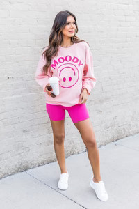 Moody Smiley Pink Corded Graphic Sweatshirt | Pink Lily