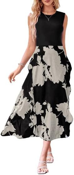 Women's Summer Sleeveles Dresses Casual Crewneck Printed Dress Ruffle Cocktail Party Midi Dress B... | Amazon (US)