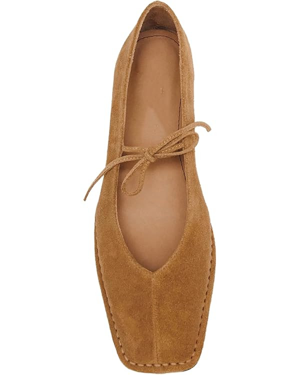 Lace Up Square Toe Ballet Flats for Women Cute Bow Slip On Mary Jane Flats Casual Ballerina Shoes | Amazon (US)