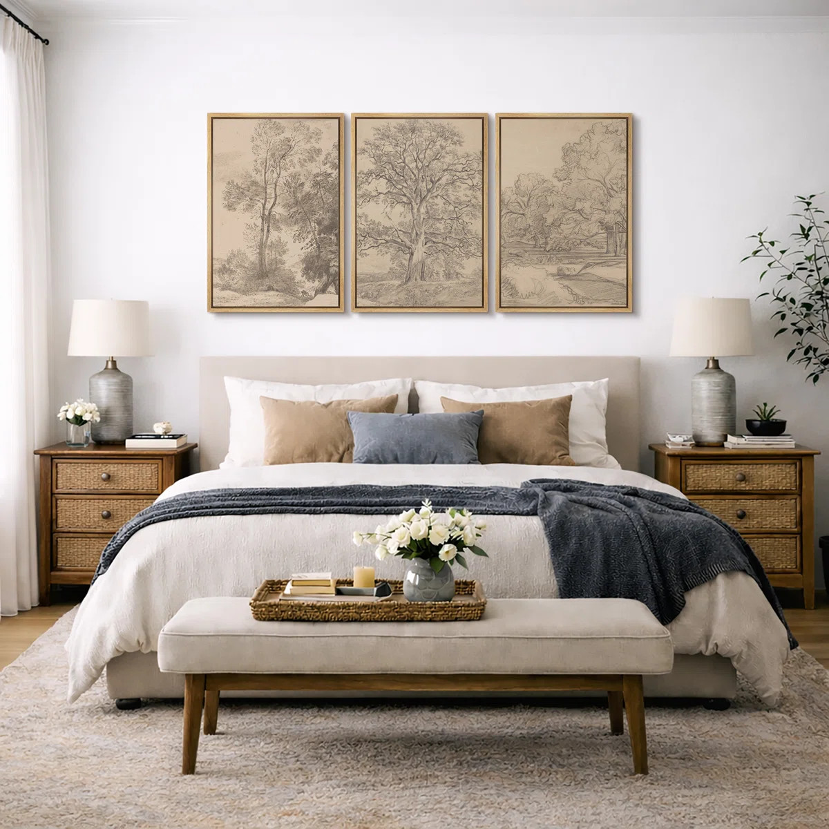 Rustic Countryside "Vintage Sketch Forest Tree Landscape Artwork, French Country Neutral Classic ... | Wayfair North America