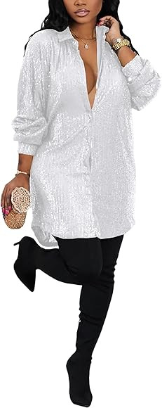 Midi Sequin Dress for Women Sparkle Button Down Sexy Shirt Dresses Long Sleeve Party Club Dress | Amazon (US)