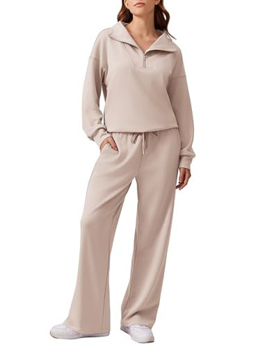 PINSPARK 2 Piece Sets for Women 2025 Fall Trendy Sweatsuit Long Sleeve Pullover Tops and Drawstring Sweatpants Lounge Sets, Apricot Petite L | Amazon (US)