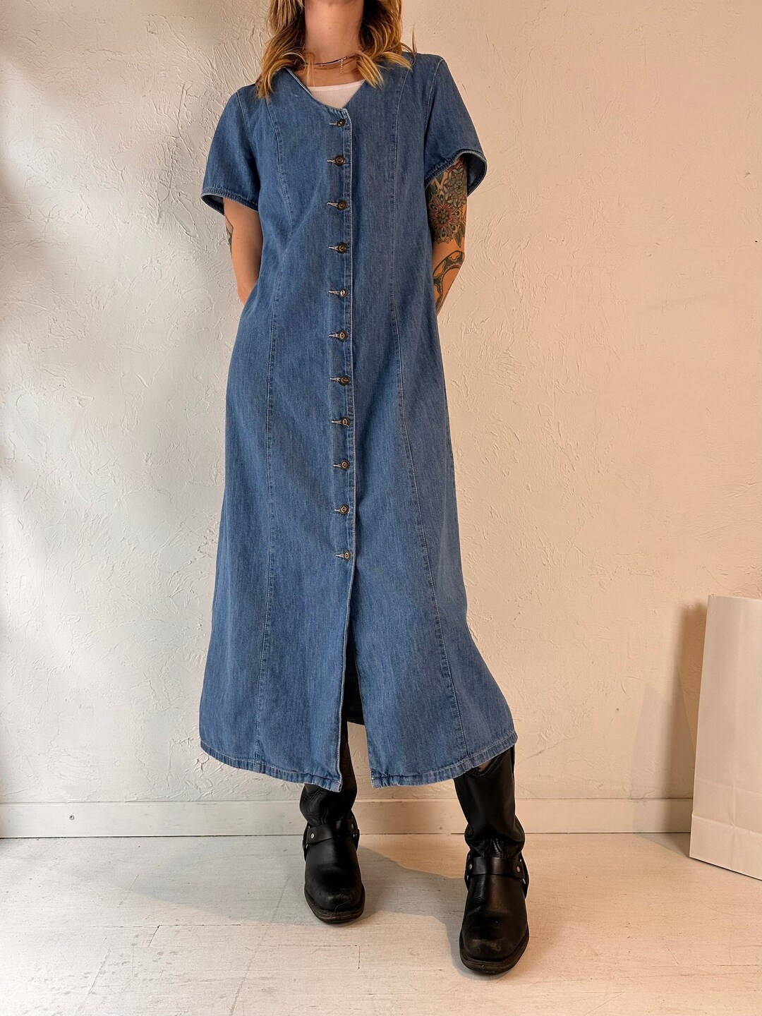 90s 'cleo' Button up Denim Dress / Large - Etsy | Etsy (US)