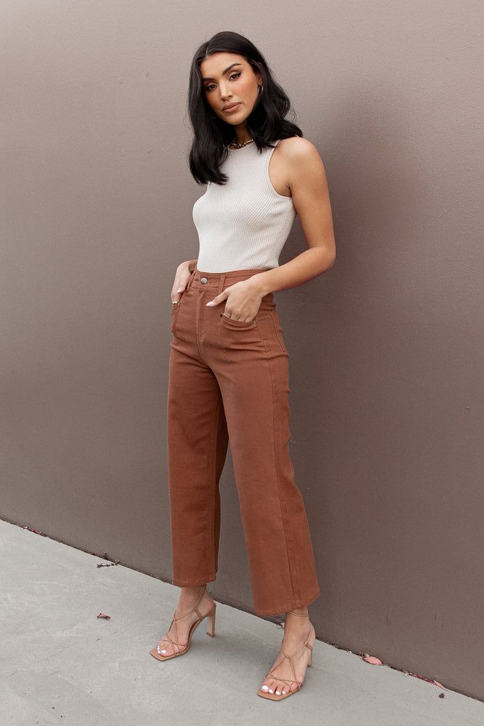 Georgette High Waisted Straight Leg Pants - Brown | Petal & Pup (US)