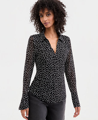 Women's Long Sleeve Printed Mesh Collared Shirt, Macy's Exclusive | Macy's