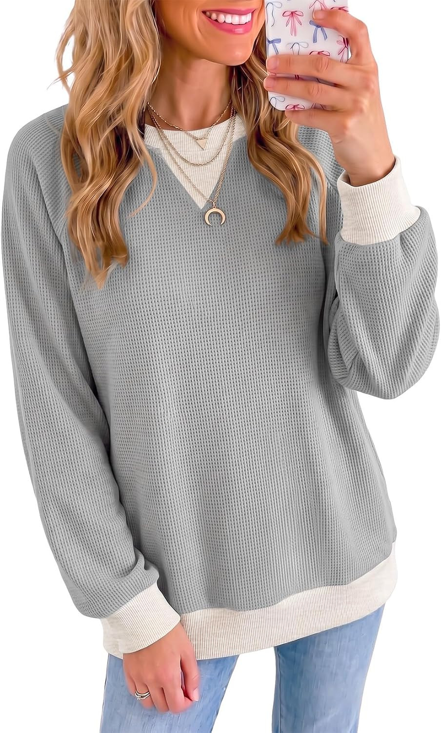 SHEWIN Women Waffle Long Sleeves Shirts Tops Oversized Crewneck Sweatshirts | Amazon (US)