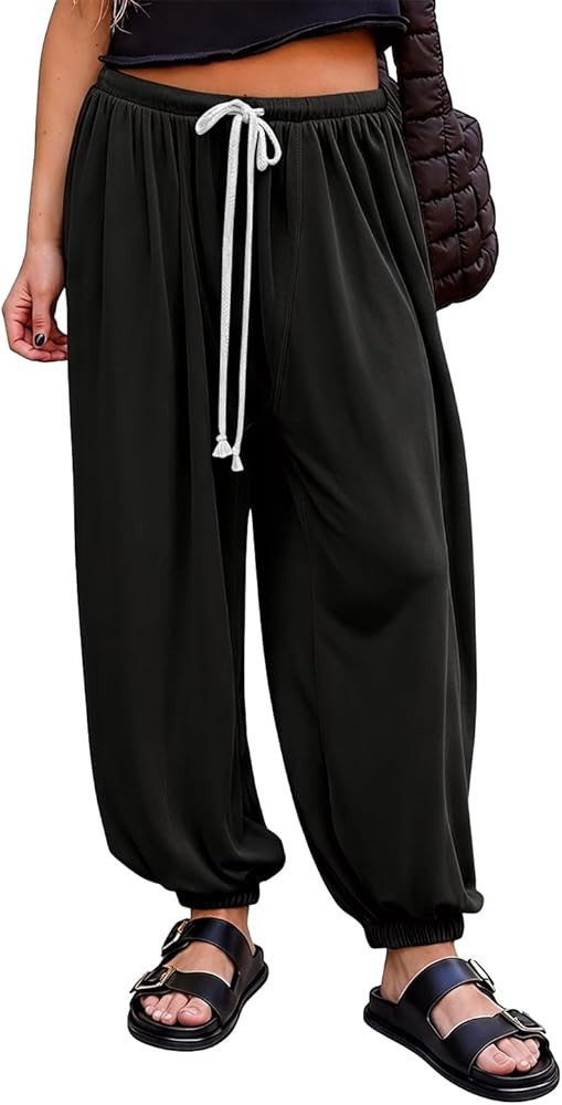 Pantalones holgados de har\u00e9n para mujer, pierna ancha, con cord\u00f3n el\u00e1stico, plisad... | Amazon (US)