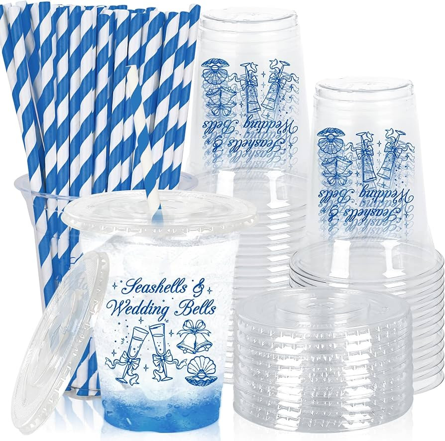 JarThenaAMCS 50Pcs Wedding Plastic Cups Disposable Cups with Lids Straws 12oz Blue Seashells & We... | Amazon (US)