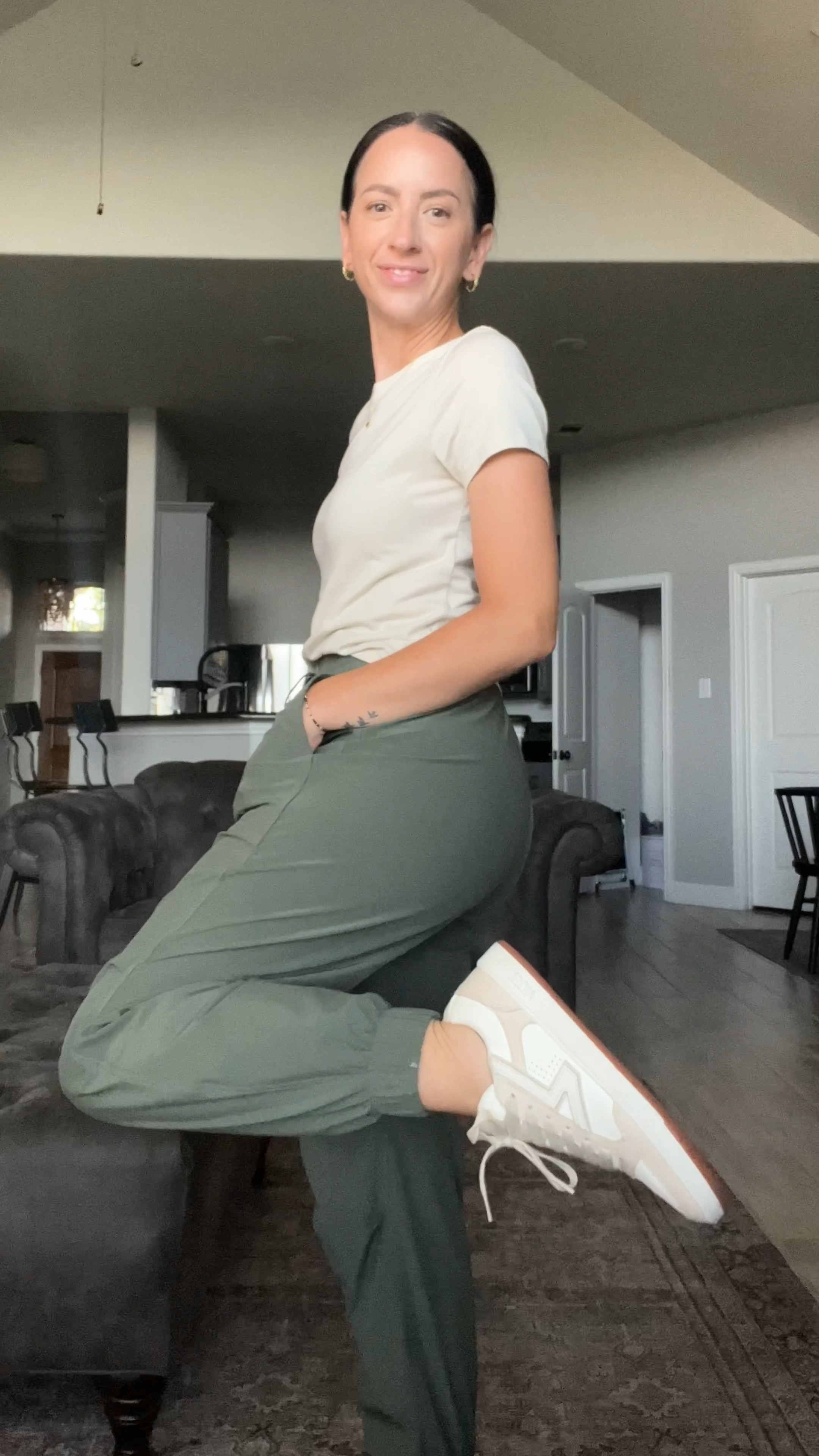 Mom style, casual work outfit, casual mom outfit, joggers, Vans sneakers, Uncommon James, Old Navy fitted tee, neutral, easy everyday outfit #momstyle

#LTKshoecrush