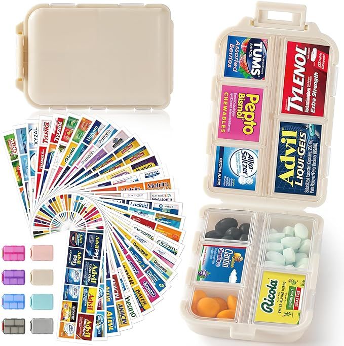 Travel Pill Organizer Box w/ 300 Brand Labels & 28 White Labels, 10 Compartments Small Pill Case ... | Amazon (US)