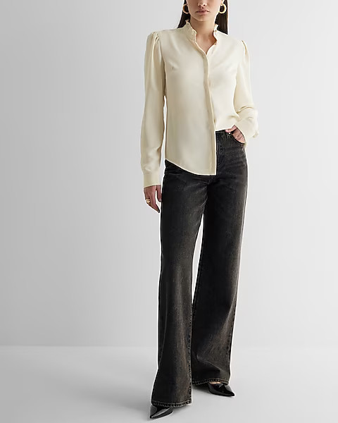 Ruffle Neck Relaxed Portofino Shirt | Express