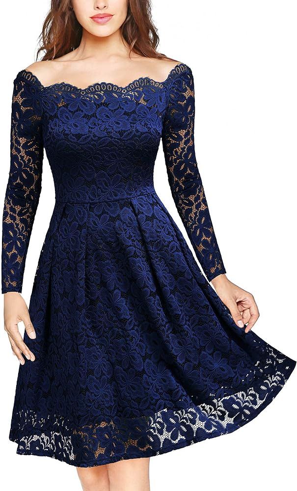 Women's Vintage Floral Lace Long Sleeve Boat Neck Cocktail Party Swing Dress | Amazon (US)