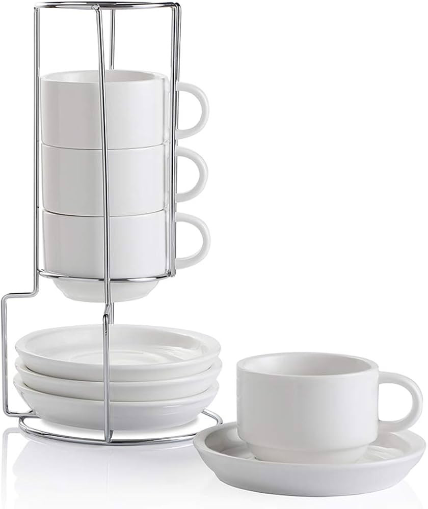 Sweejar Porcelain Espresso Cups with Saucers, 4 Ounce Stackable Cappuccino Cups with Metal Stand ... | Amazon (US)