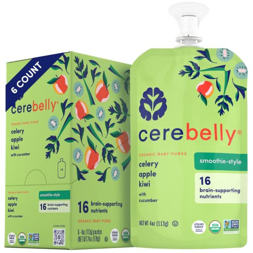Cerebelly Celery Apple Kiwi Smoothie (Pack of 6) - Healthy Kids Snacks - Baby Food Pouch with 16 Vital Nutrients and Brain Support from Superfoods - Organic Fruit & Veggie Purees, Baby Fruit Squeeze Pouches for Kids, No Added Sugar | Amazon (US)