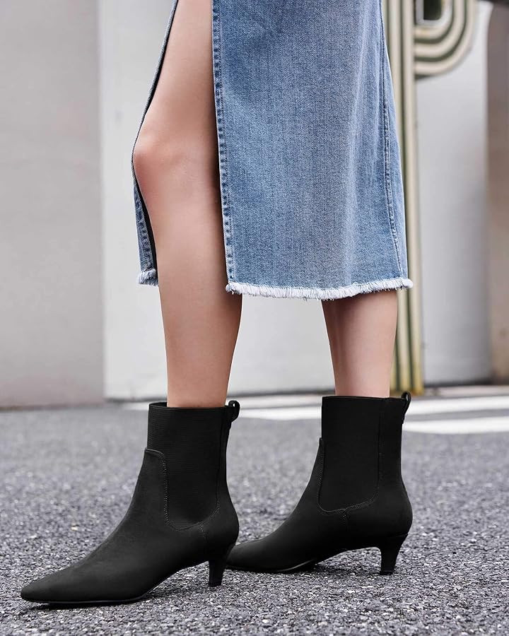 Coutgo Womens Ankle Boots Low Kitten Heel Pointed Toe Slip On Elastic Dressy Fall Winter Booties ... | Amazon (US)