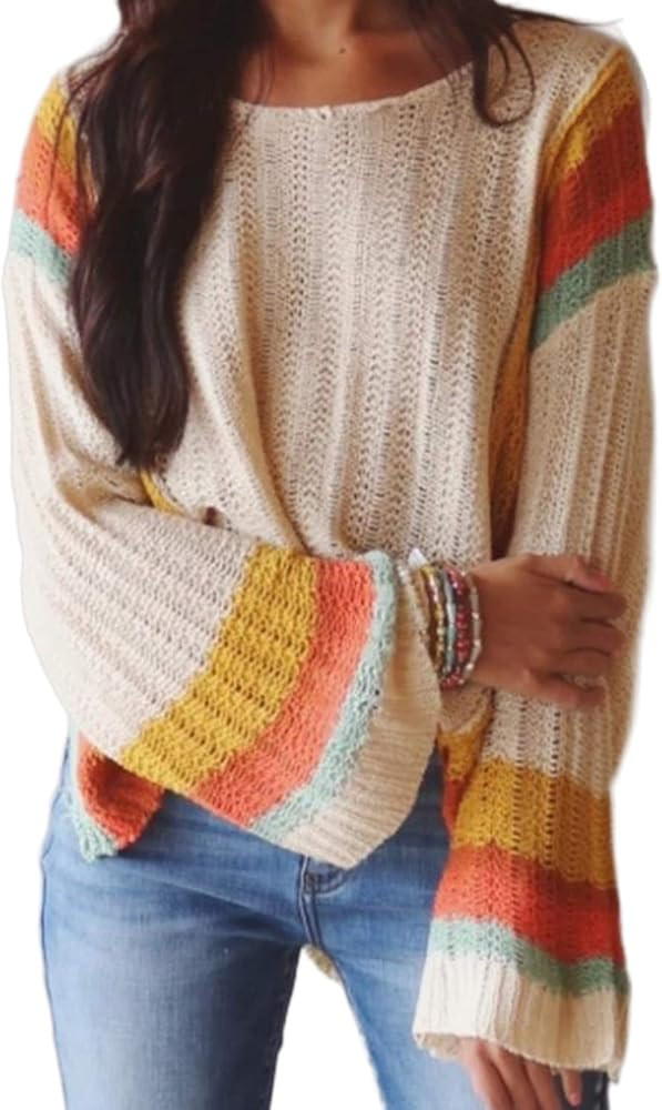 Dokotoo Womens 2022 Cute Summer Fall Color Block Striped Lightweight Comfy Cable Knit Beach Pullo... | Amazon (US)