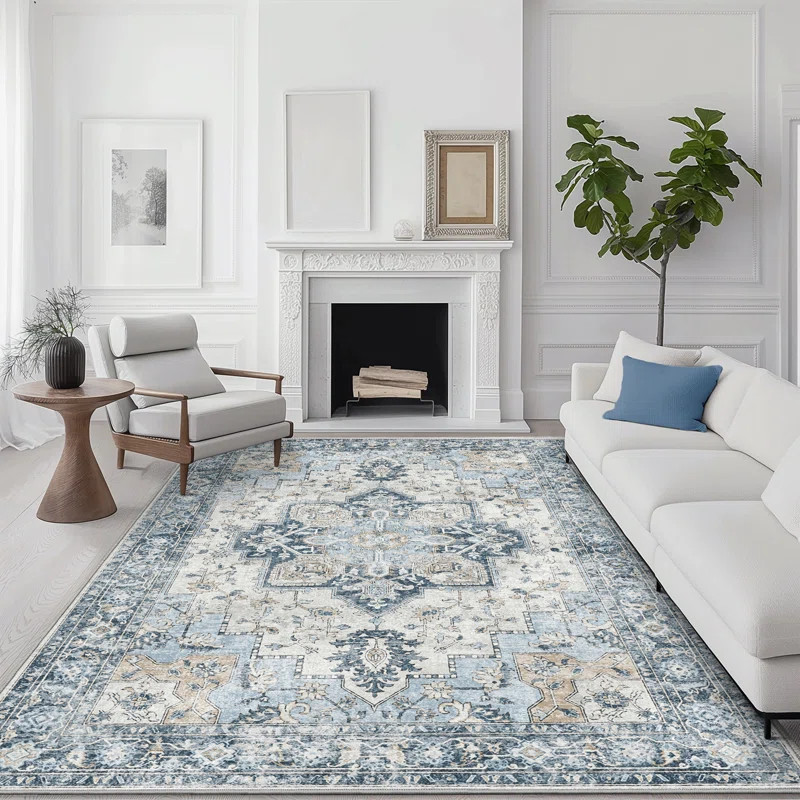 Roehit Oriental Performance Machine Washable Blue / Ivory Area Rug | Wayfair North America