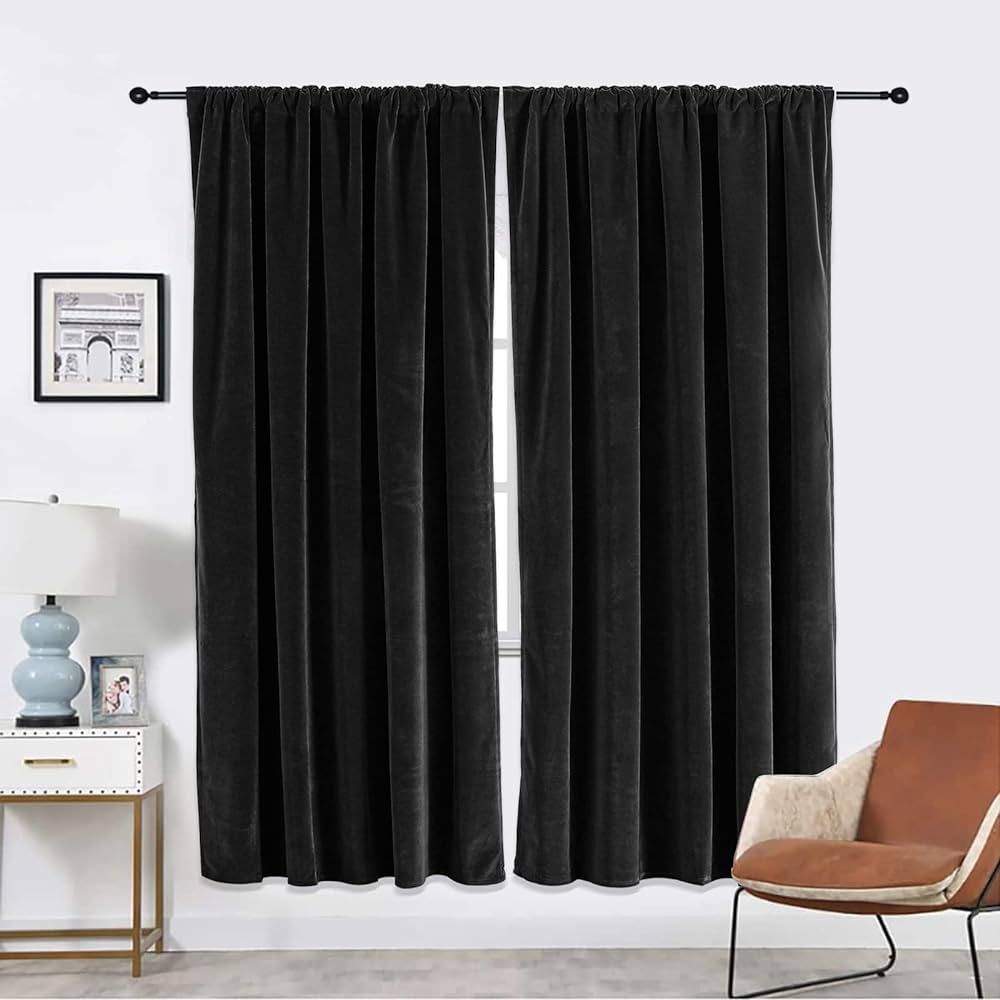 Joydeco Black Velvet Curtains 84 inch Length 2 Panels Burg Set, Luxury Rod Pocket Thermal Insulated  | Amazon (US)