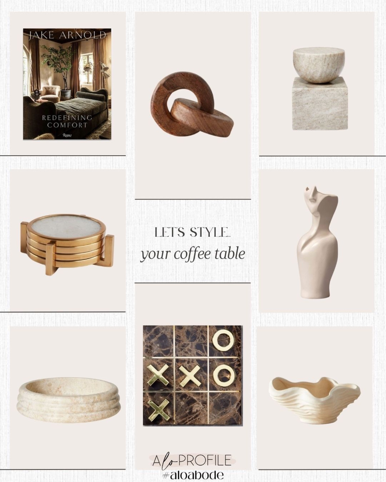 Coffee Table Styling // chic games, tabletop game, tabletop decor, coasters, brass decor, coffee table books, catch all bowls, centerpiece bowl, shilouette figurine, wood accents, marble accents, table decor, family room decor, living room decor, accent pieces

#LTKhome