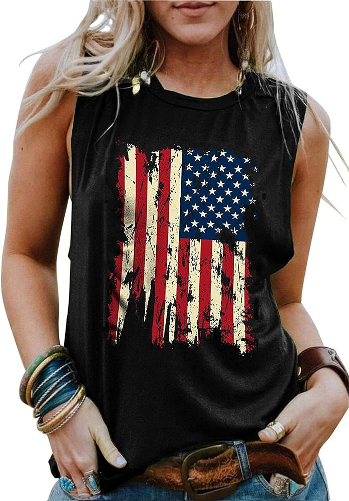 American Flag Tank Tops Women Patriotic Shirt USA Flag Stars Stripes Print Sleeveless T-Shirt 4th... | Amazon (US)