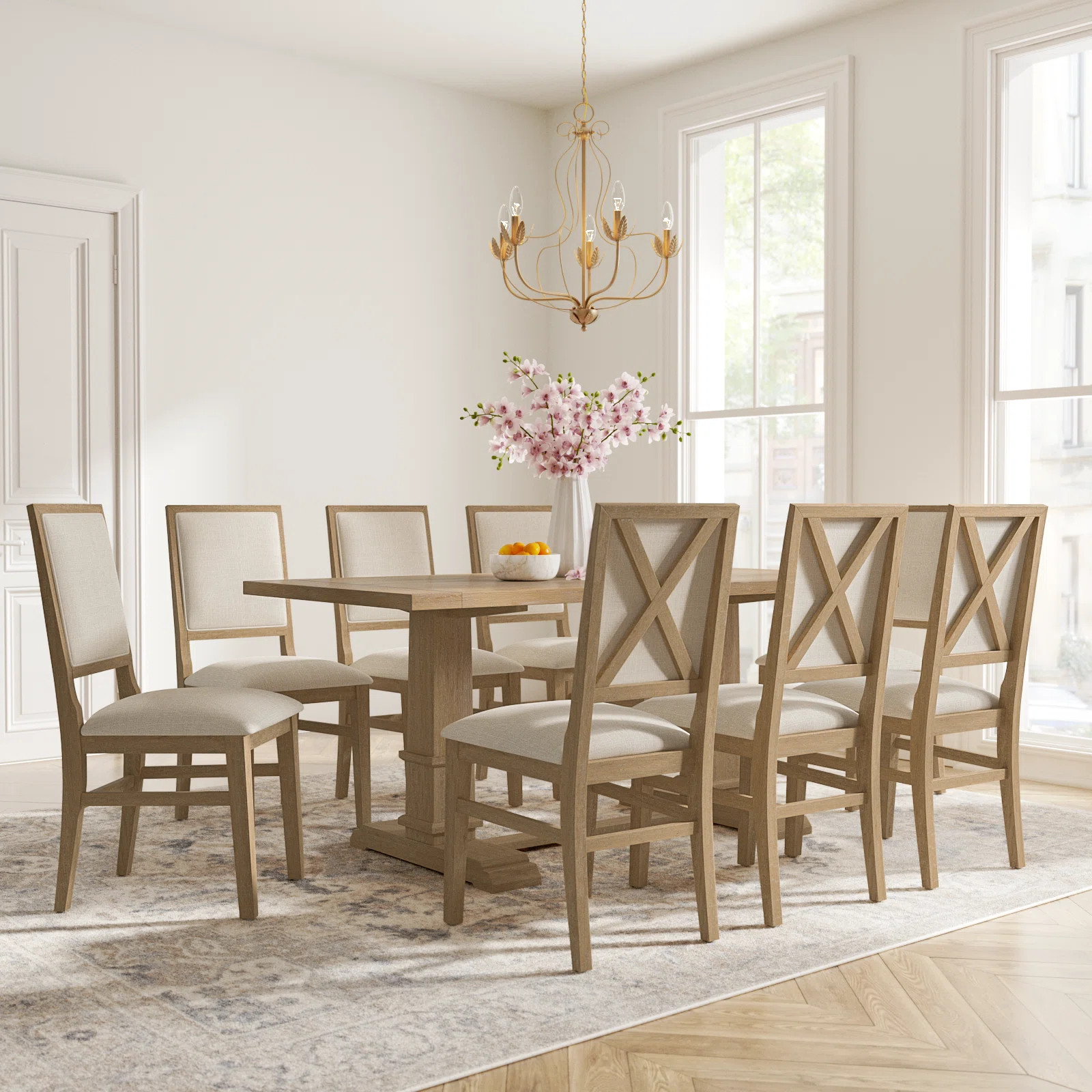 Hudson Trestle Dining Table with Upholstered and Wood Chairs | Wayfair North America