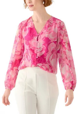 THE LIMITED Women's Floral Print Button Front Blouse, Pink, XL | Belk
