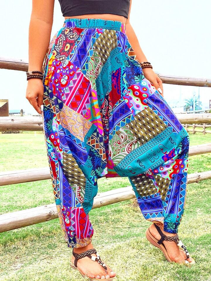 SHEIN VCAY Plus Size Women Vacation Geometric Print Elastic Waist Wide Leg Harem Pants Beach | SHEIN