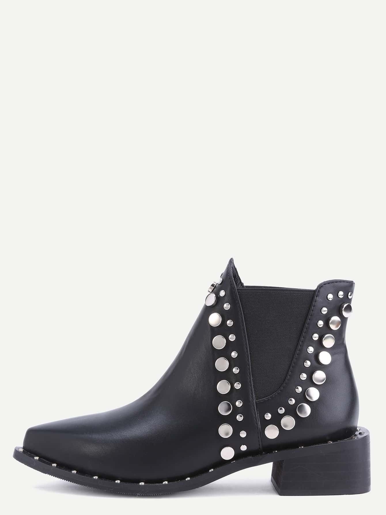 Black Faux Leather Point Toe Studded Elastic Ankle Boots | Romwe