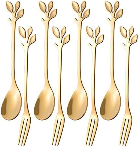 AnSaw 8 Pcs 4.7"Small Leaf Handle Coffee Spoons & Dessert Forks (Gold, 4+4) | Amazon (US)