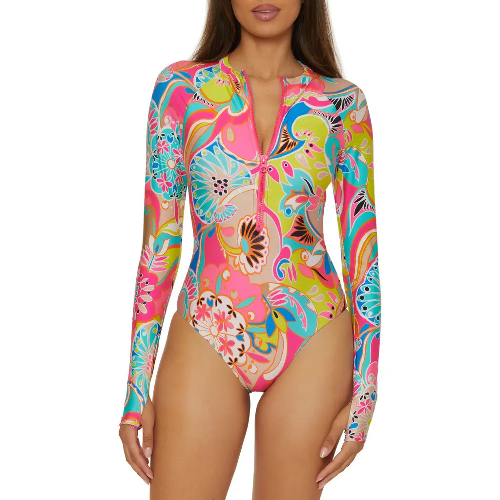 Trina Turk Long Sleeve Zip-Up One-Piece Rashguard Swimsuit in Pink Multi at Nordstrom, Size Large | Nordstrom