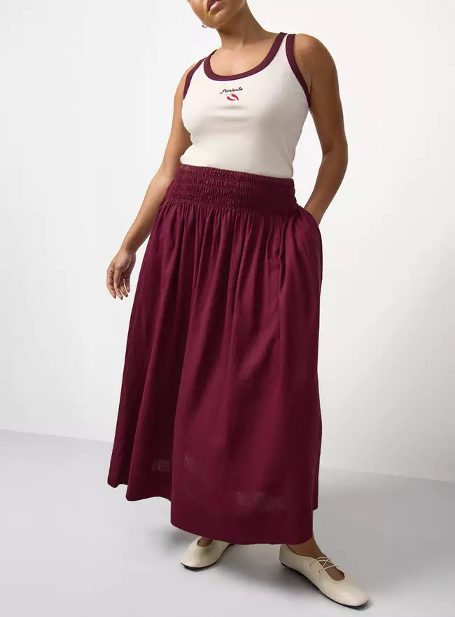 Buy Dark Red Linen Rich Shirred Waist Midaxi Skirt 18 | Skirts | Tu | Tu Clothing