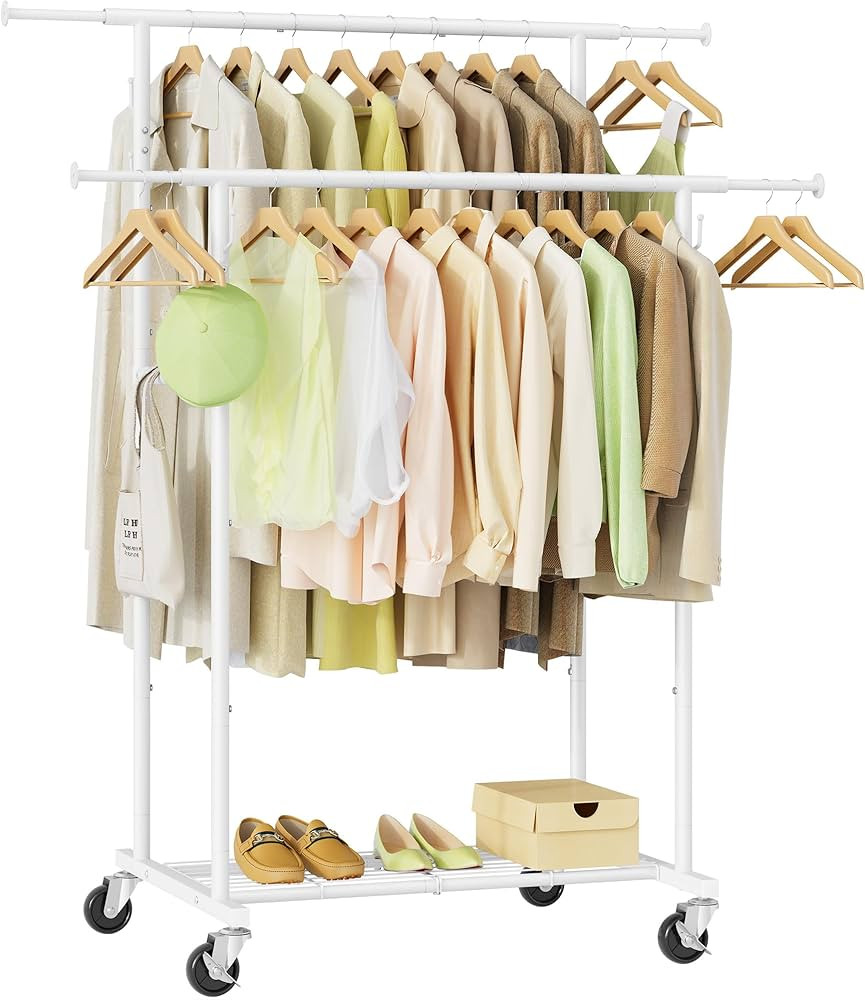 Double Rod Garment Rack, Heavy Duty Rolling Clothes Rack with Wheels For Hanging Clothes, Portabl... | Amazon (US)