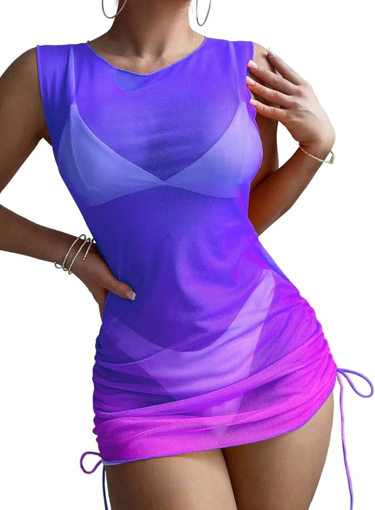 ZAFUL Women Swimsuit Cover Up Dress Ombre Side Ties Sleeveless Sheer Mesh Bathing Suit Coverups B... | Amazon (US)