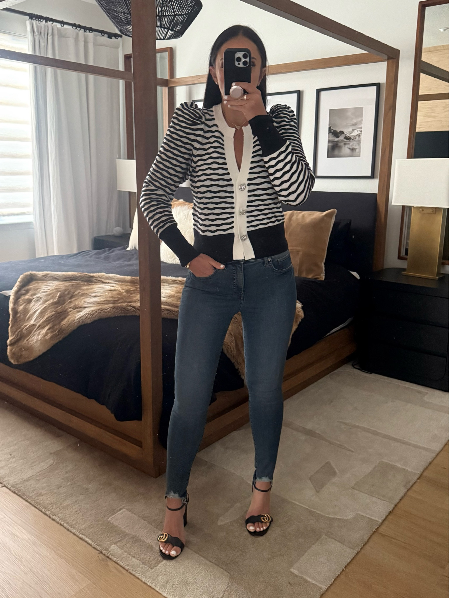 Textured Pattern Rhinestone Button Cardigan wearing size small now $20 originally $128. Mid Rise Dark Wash Ripped Hem Skinny Jeans wearing size 4. High Waisted Light Wash FlexX Ripped Skinny Jeans wearing size small. 