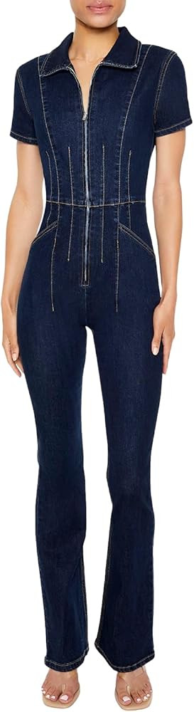 Forever 21 Womens Zip-up Denim Short-sleeve Jumpsuit | Amazon (US)