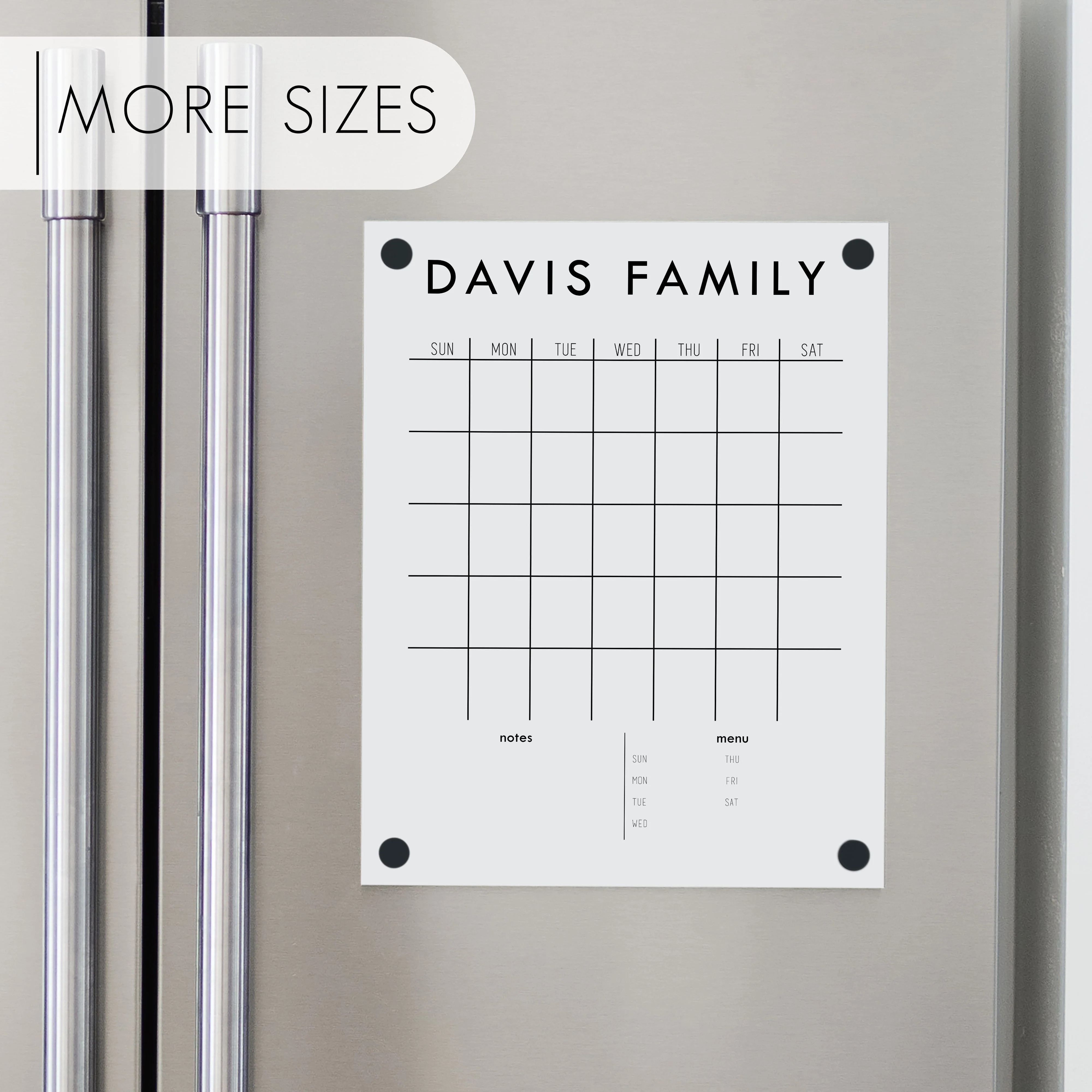 Monthly Acrylic White Fridge Calendar + 2 Sections | Vertical Madi | Circle and Square Decor 