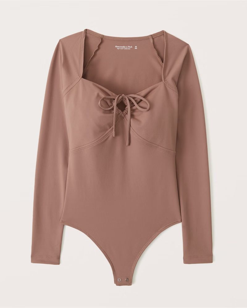 Abercrombie & Fitch Women's Long-Sleeve Seamless Fabric Cinched Front Bodysuit in Terracotta Brown - | Abercrombie & Fitch (US)