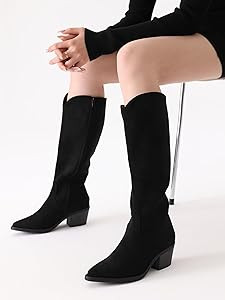 Knee High Boots for Women Cowboy Suede Pointed Toe Tall Mid Stacked Chunky Block Heeled Side Zipp... | Amazon (US)