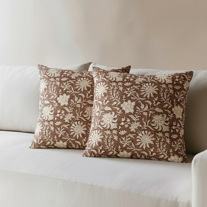Block Print Pillow Covers 18x18 Set of 2, Handcrafted Botanical Leaf Cotton Linen Boho Decorative... | Amazon (US)