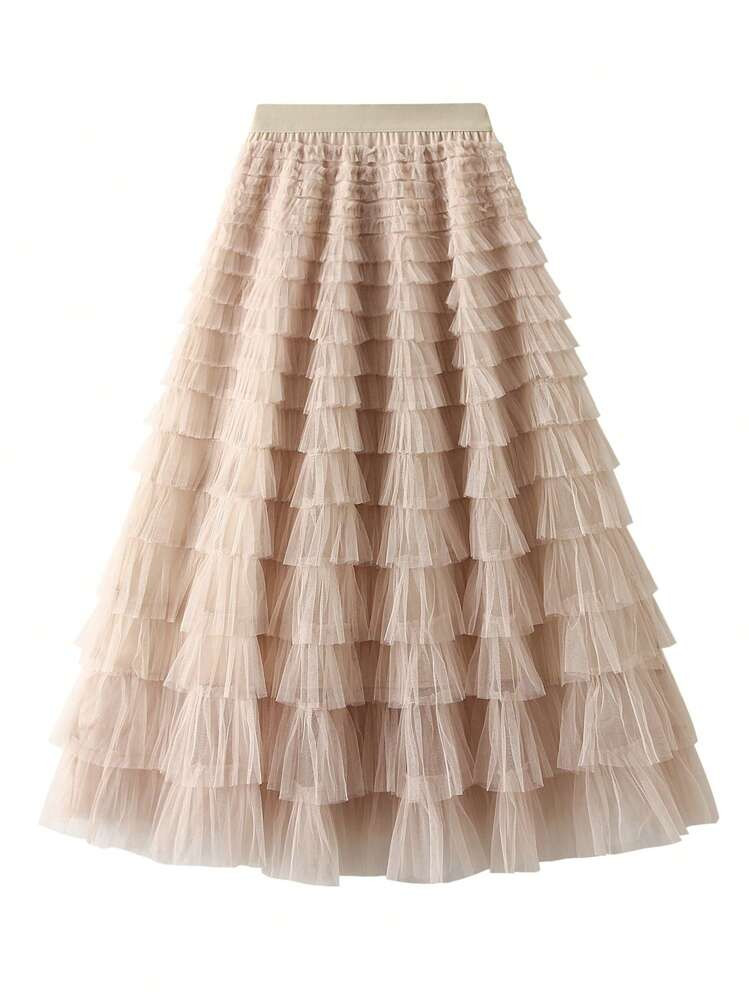 Women's Long Skirt Multilayer Mesh Pleated High Waist High Stretch Elegant Solid Color Cake Skirt | SHEIN