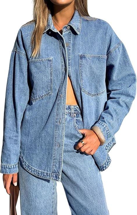 EMMIOL Women Denim Shirts Oversized Long Sleeve Button Down Blouse Distresse Jean Jacket Fall Out... | Amazon (US)