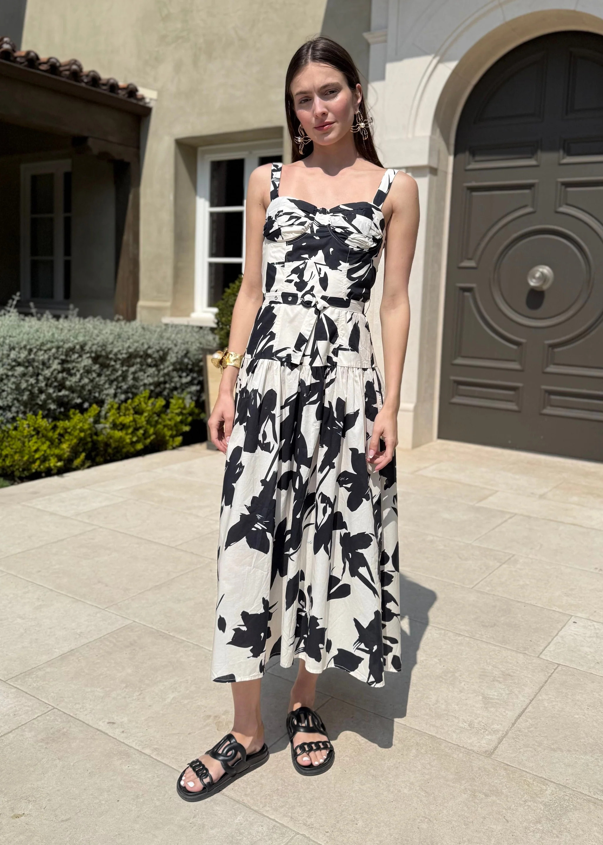 Margot Black and White Floral Print Belted Dress | Benaar La